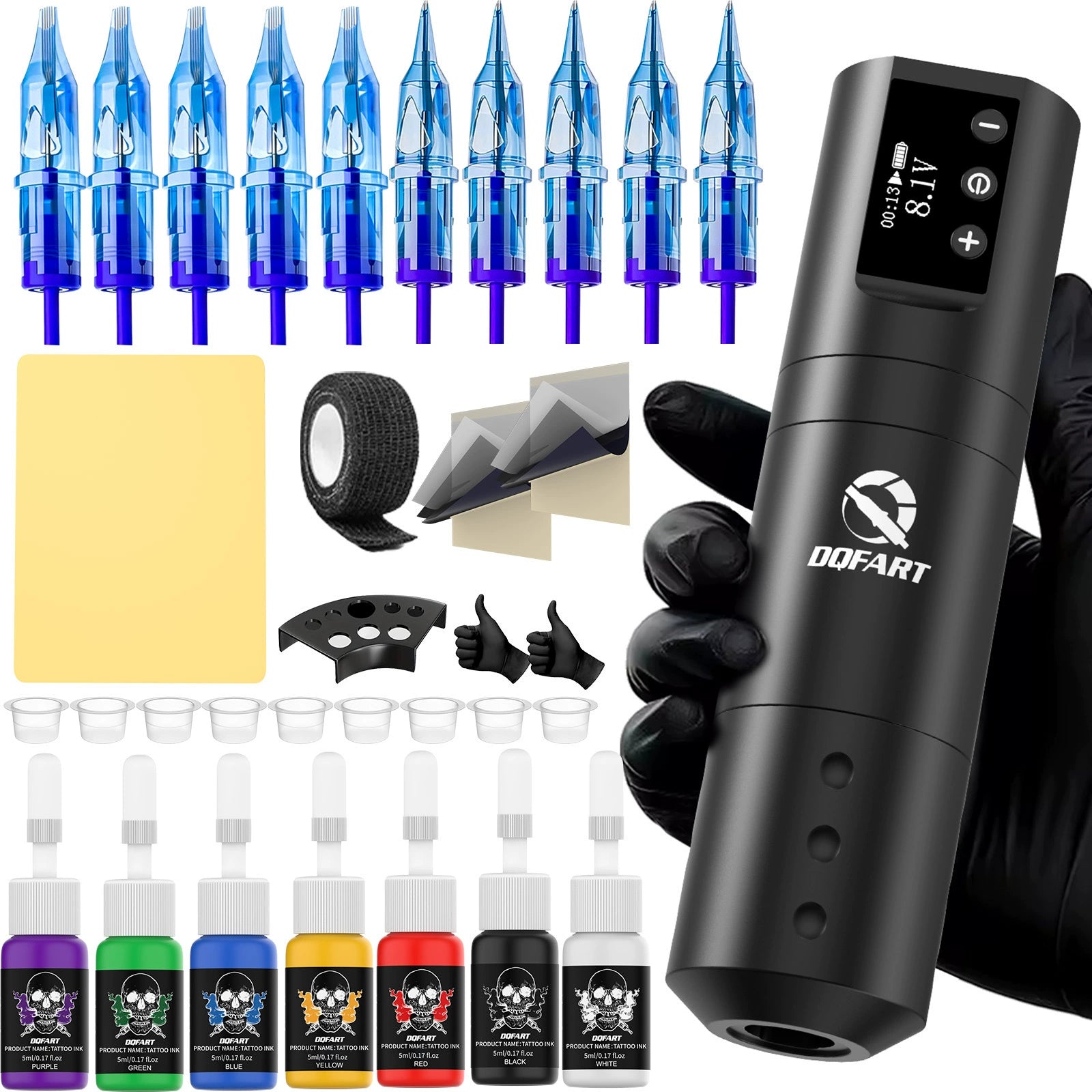 DQFART wireless tattoo gun kit WTK-302K with cartridge needles and tattoo inks