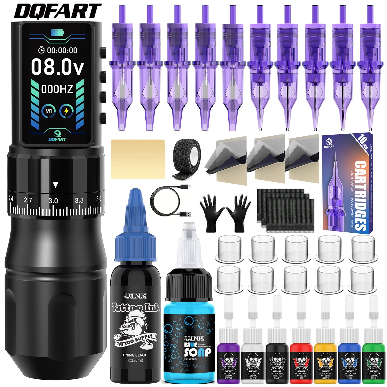 DQFART T8 Wireless Tattoo Gun Kit 2300mAh Adjustable Stroke product image 1
